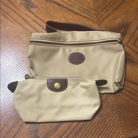 VTG Longchamp Cream and Brown Cosmetic Bag Set with Leather Accents - Picture 1 of 8